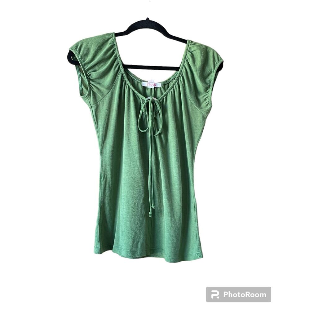 Zena Women Small Green Short Sleeve Key Hole Tie Blouse